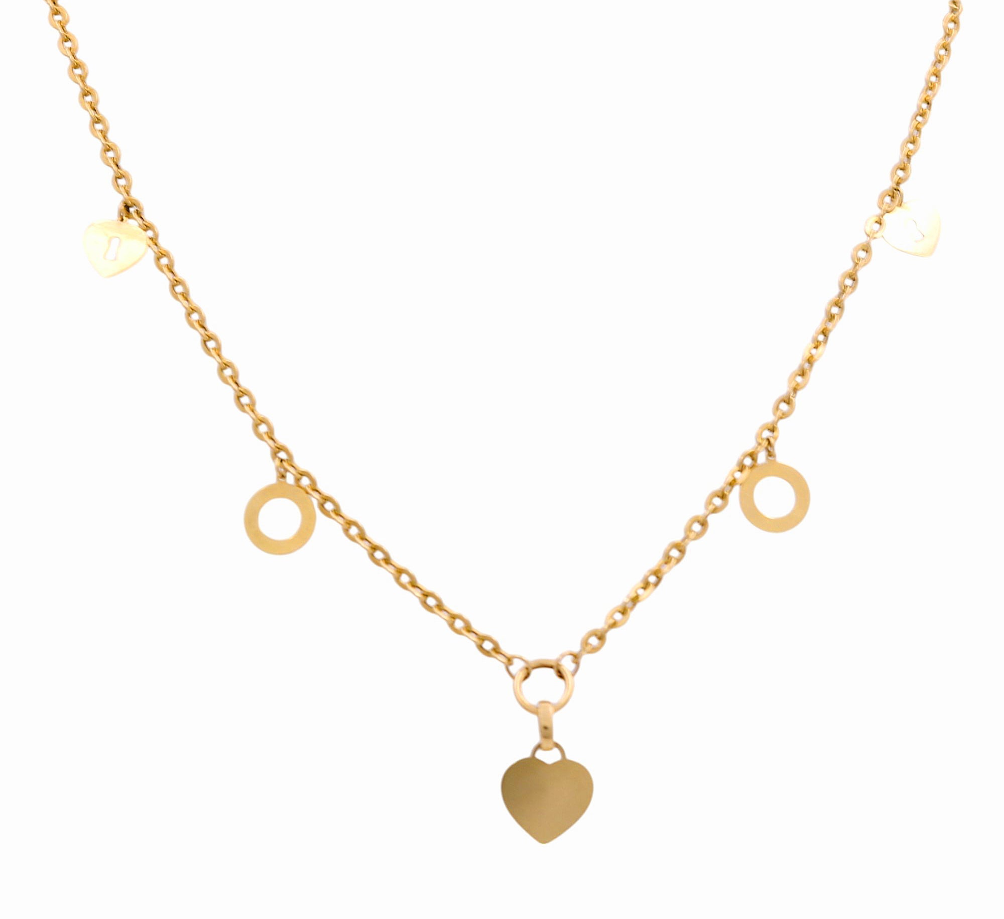 14K Yellow Gold Heart & Circle Charm Necklace 18in, 7.8 g