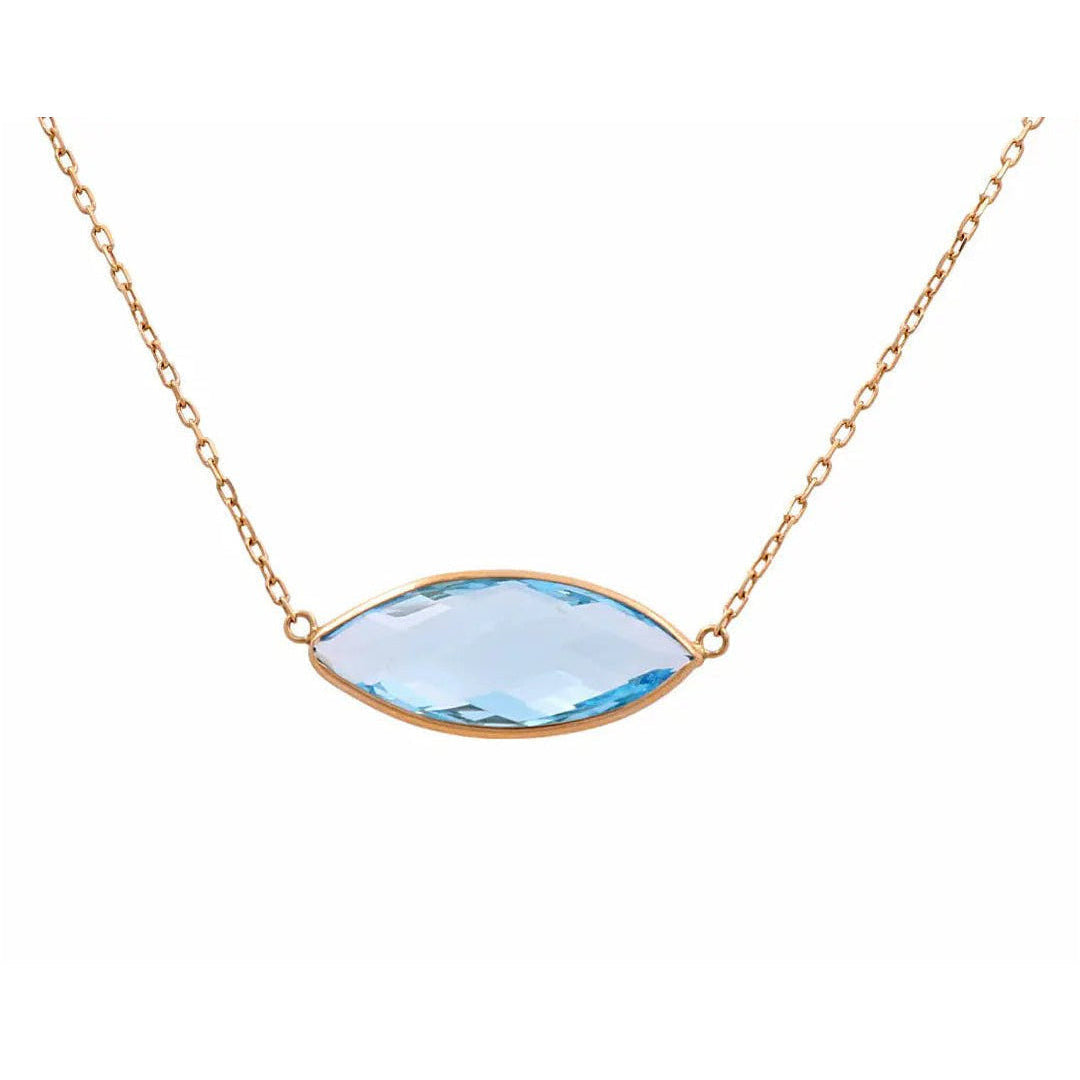 14K Gold Marquise Blue Topaz Bezel Necklace 17in