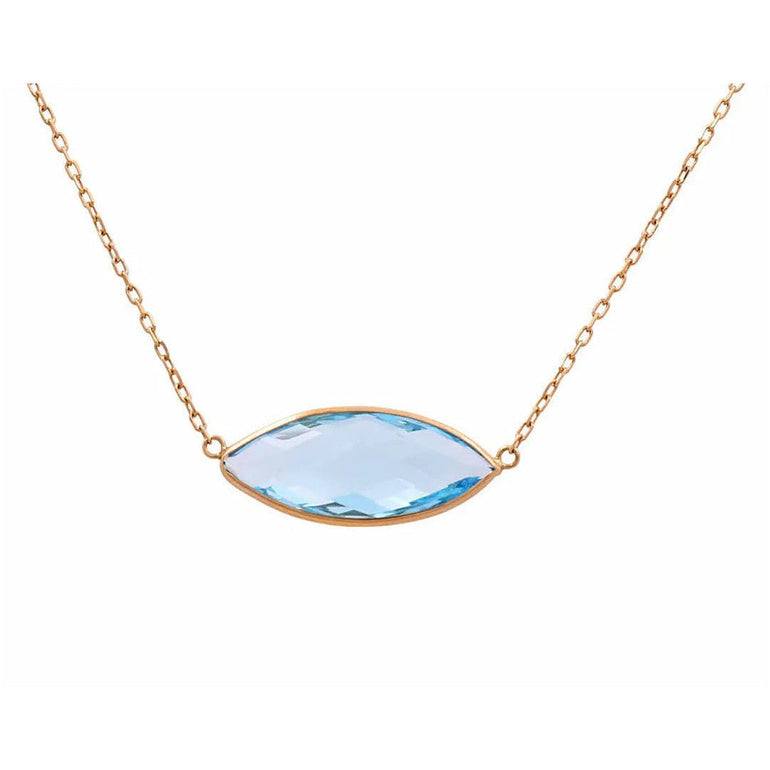 14K Gold Marquise Blue Topaz Bezel Necklace 17in