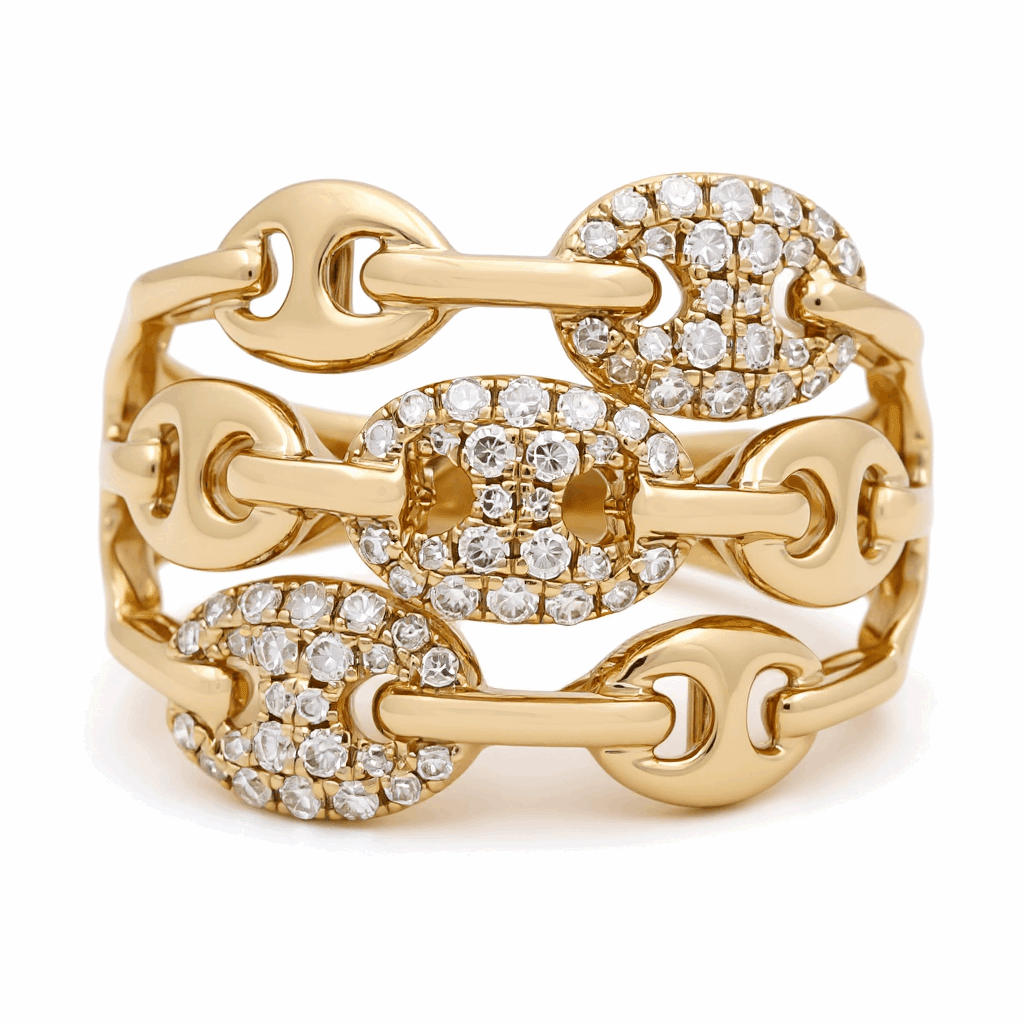 14K Yellow Gold Three-Row Mariner Link Diamond Ring 0.35 ct tw