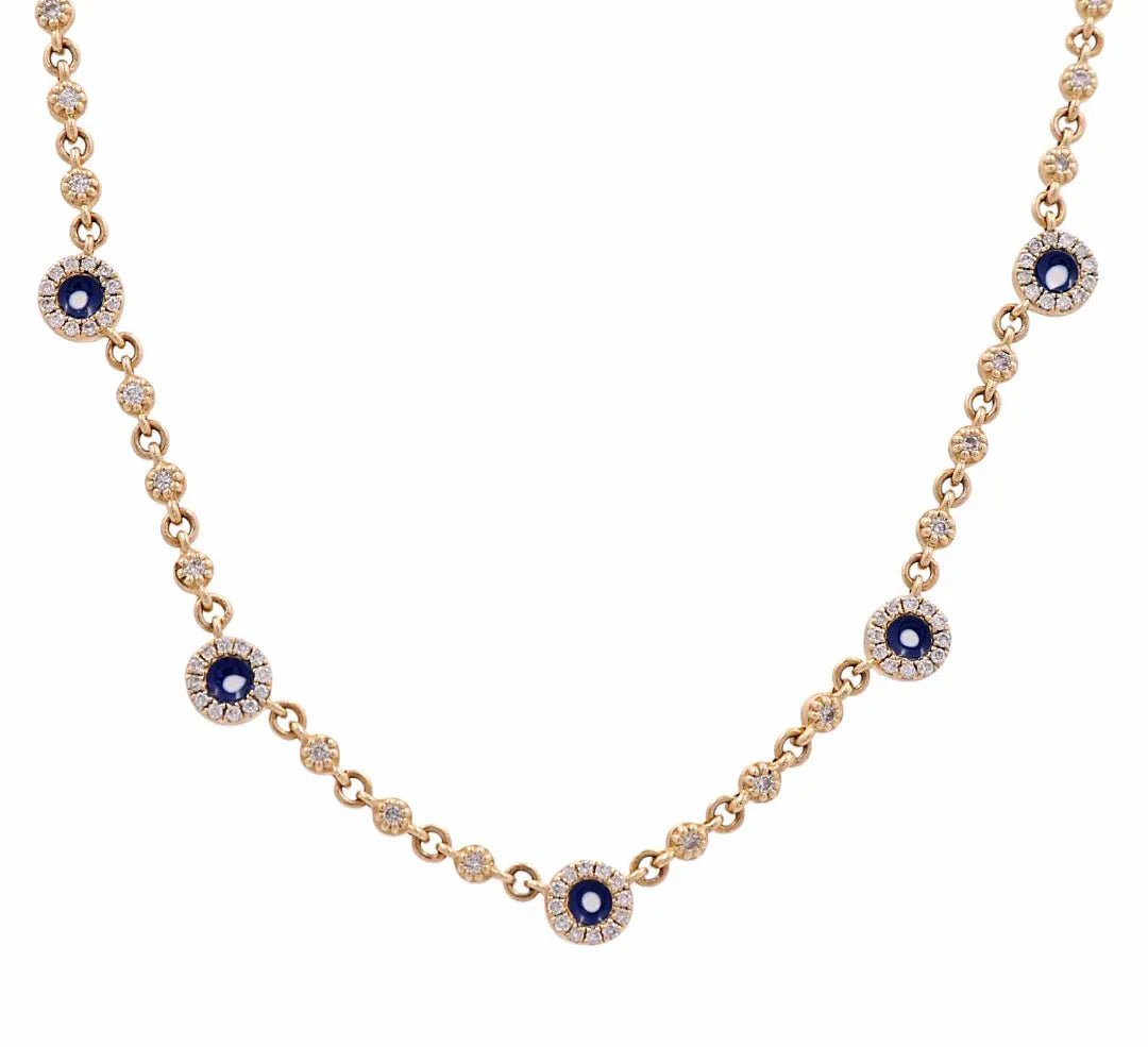 14K Yellow Gold Diamond-Cut Bead Necklace with Blue Halo Stations 20in