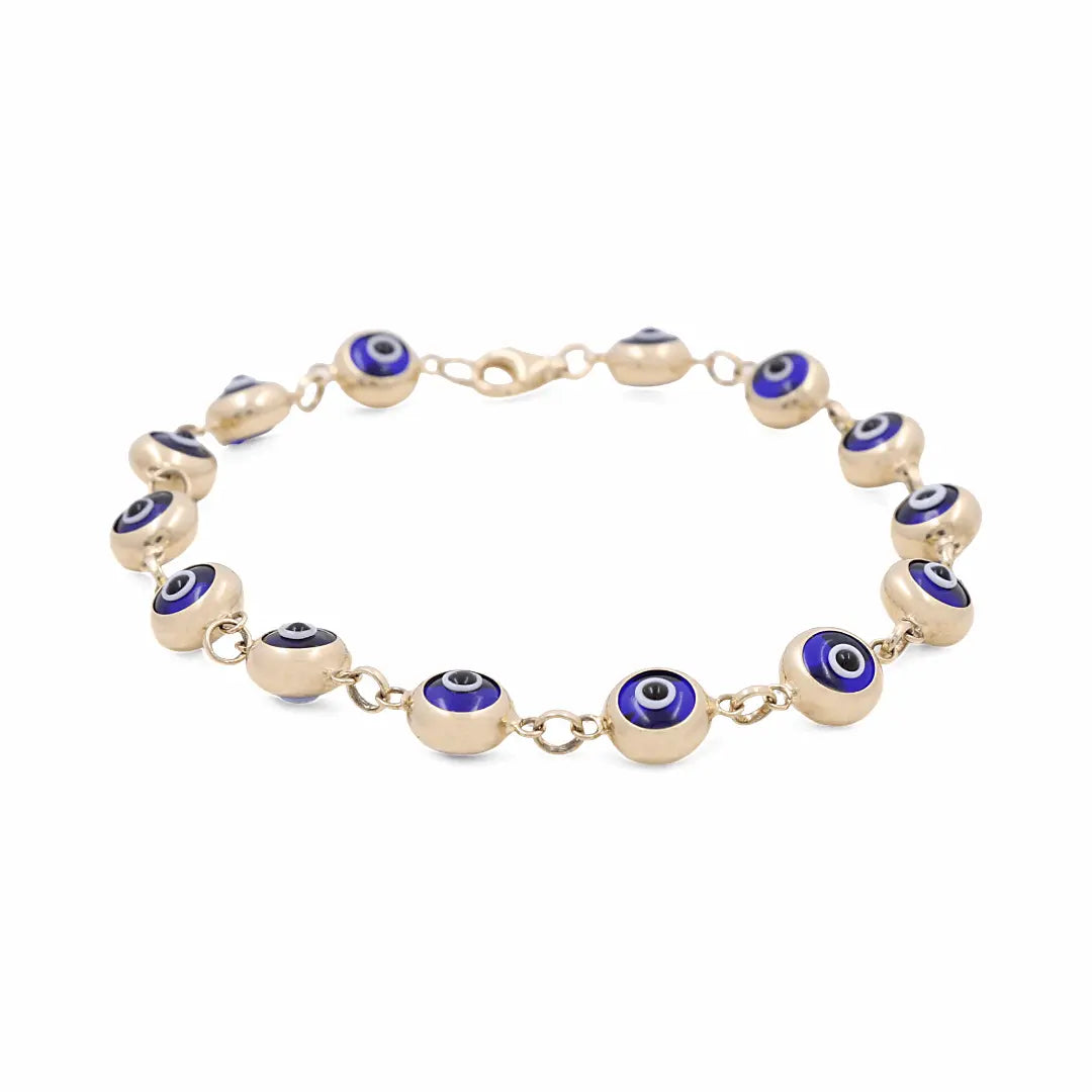 14K Yellow Gold Blue Evil Eye Bead Bracelet 7.5in