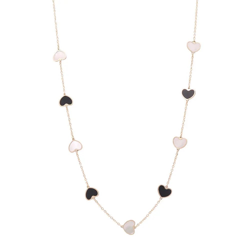 14K Yellow Gold Fashion Hearts Necklace with Black Onyx and Mother Pearl - Miral Jewelry