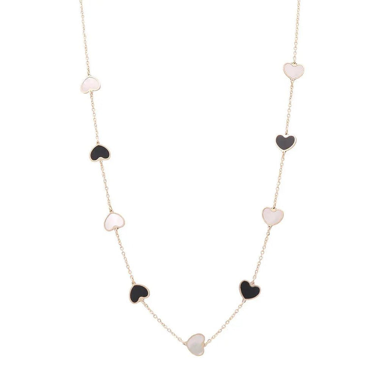 14K Yellow Gold Fashion Hearts Necklace with Black Onyx and Mother Pearl - Miral Jewelry