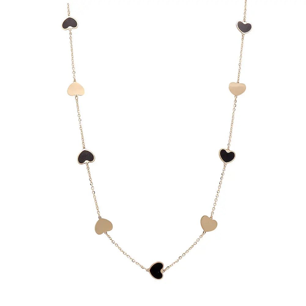 14K Yellow Gold Onyx & Gold Hearts Station Necklace 18in, 2.9 g