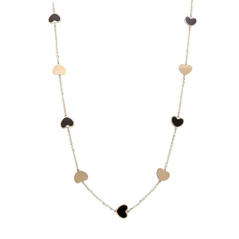 14K Yellow Gold Fashion Hearts Onyx and Gold Necklace - Miral Jewelry