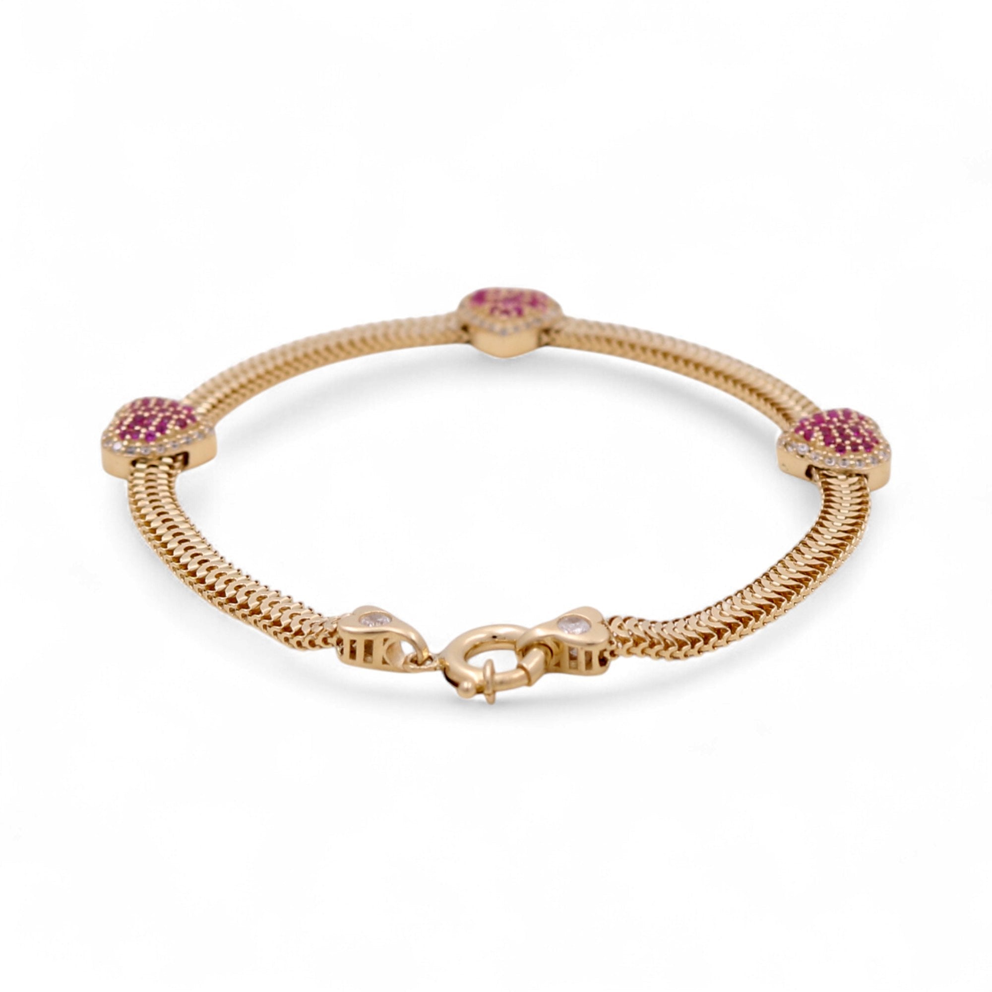 14K Yellow Gold Fashion Link Women's Bracelet Hearts with Pink Cz - Miral Jewelry