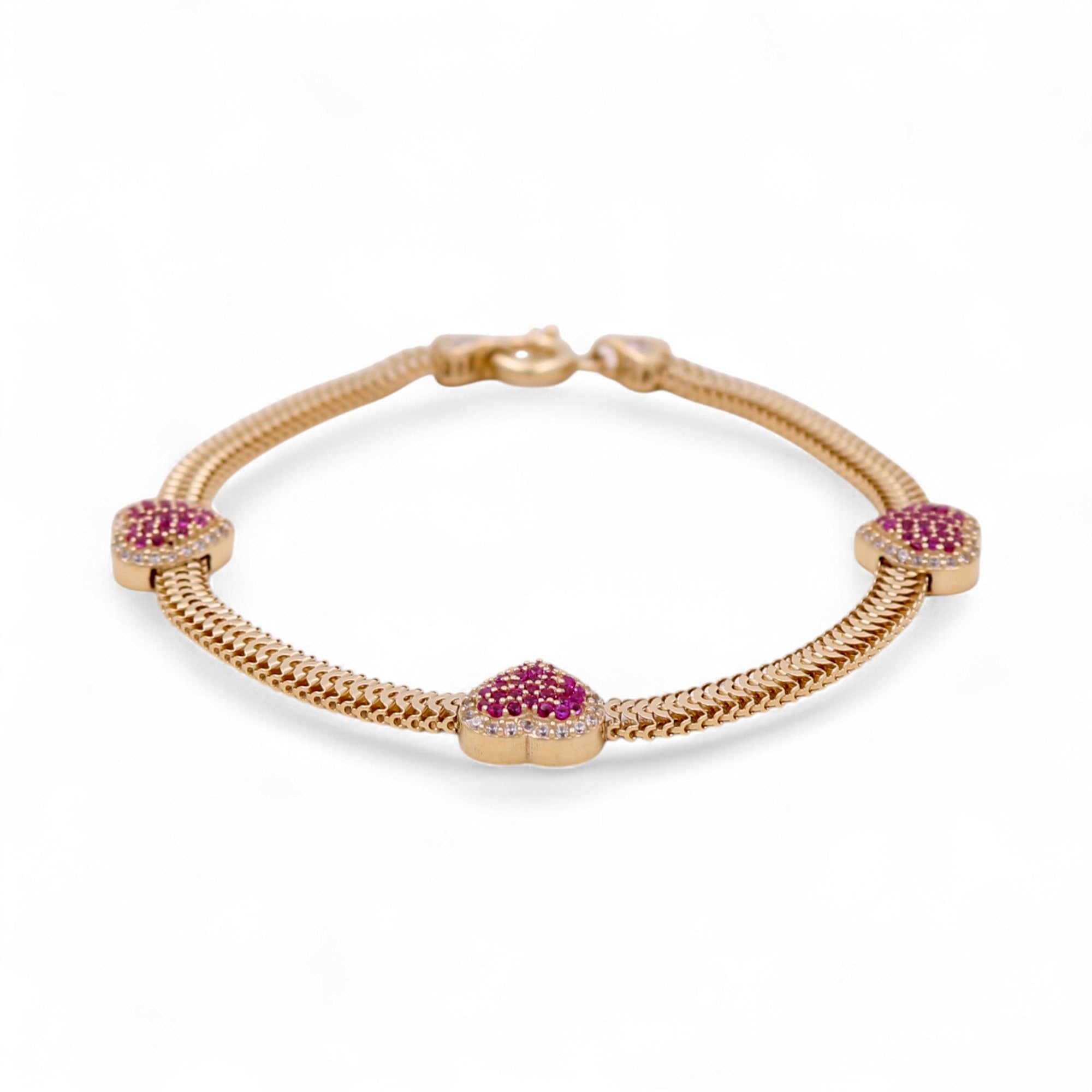 14K Yellow Gold Fashion Link Women's Bracelet Hearts with Pink Cz - Miral Jewelry