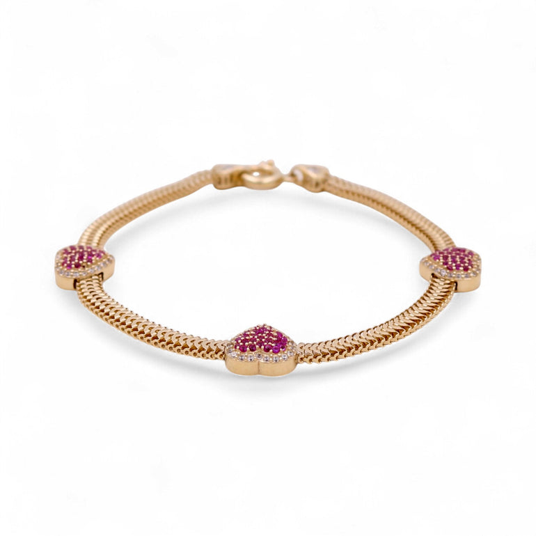 14K Yellow Gold Fashion Link Women's Bracelet Hearts with Pink Cz - Miral Jewelry