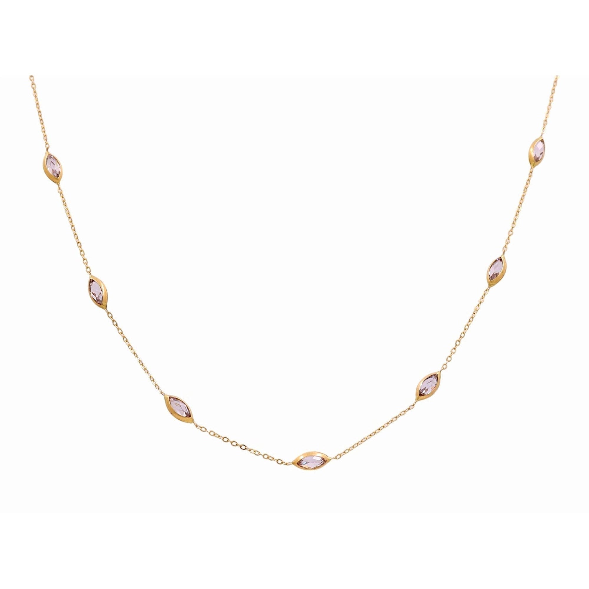 14K Yellow Gold Marquise Pink CZ Station Necklace 17in, 4.9 g