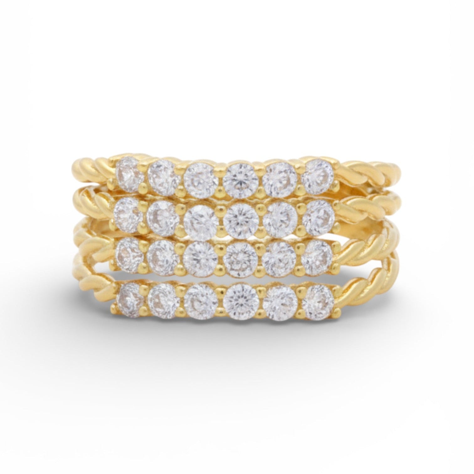 14K Yellow Gold Four-Row CZ & Rope Stack Ring 3.7 g