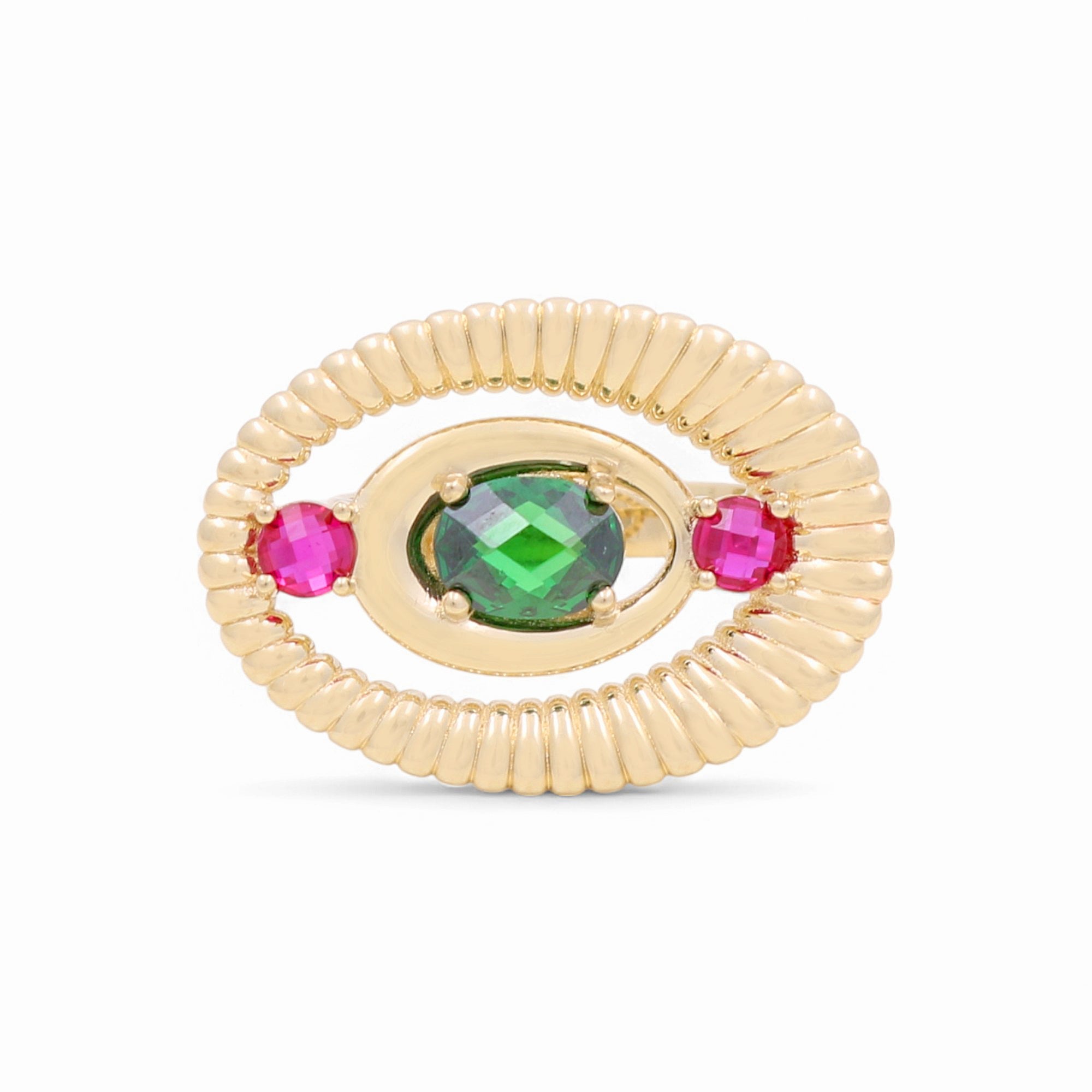 14K Yellow Gold Ribbed Oval Ring with Green & Pink Stones 5.5 g