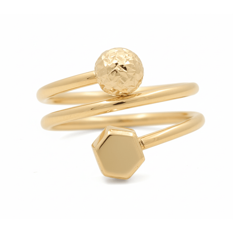 14K Yellow Gold Coil Ring with Ball & Hexagon Ends 2.5 g