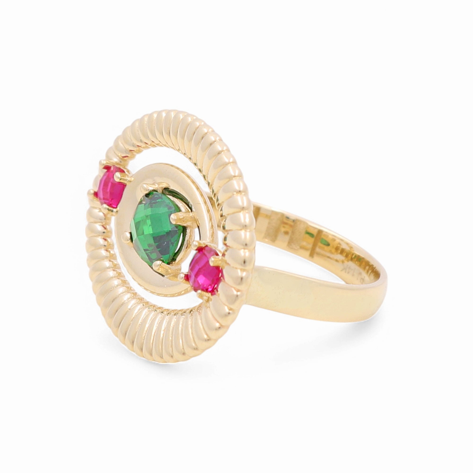 14K Yellow Gold Ribbed Oval Ring with Green & Pink Stones 5.5 g – view 2