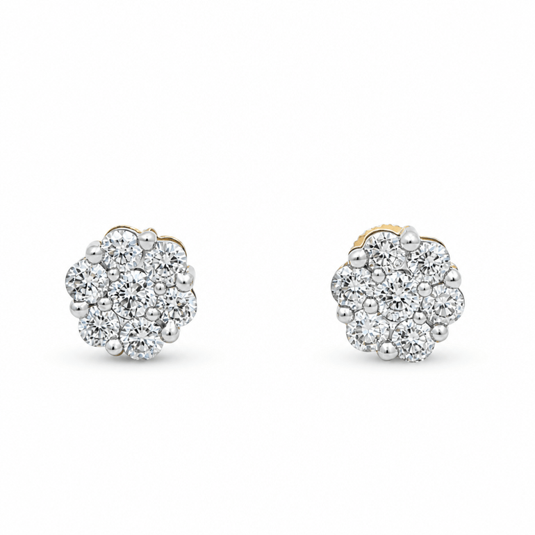 14K Yellow Gold Flower Diamond Earrings with 0.75Tw Round Diamonds - Miral Jewelry