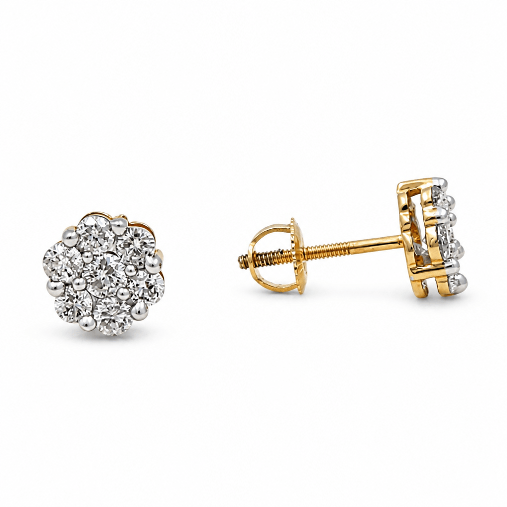 14K Yellow Gold Flower Diamond Earrings with 0.75Tw Round Diamonds - Miral Jewelry