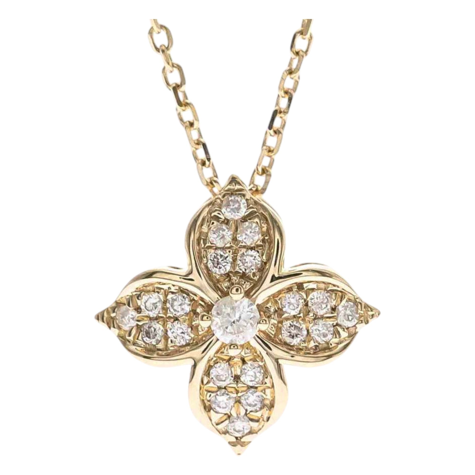 14K Yellow Gold Four-Petal Flower Diamond Necklace 0.16 ct tw