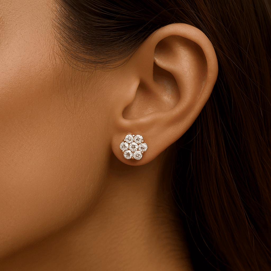 14K Yellow Gold Flower Earrings with 2.13Tw Round Lab Grown Diamond - Miral Jewelry