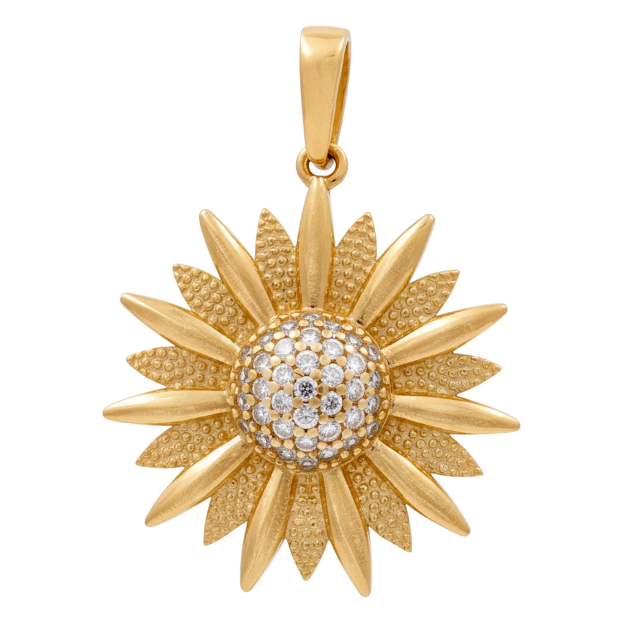 14K Yellow Gold Flower with Cz Pendant - Miral Jewelry