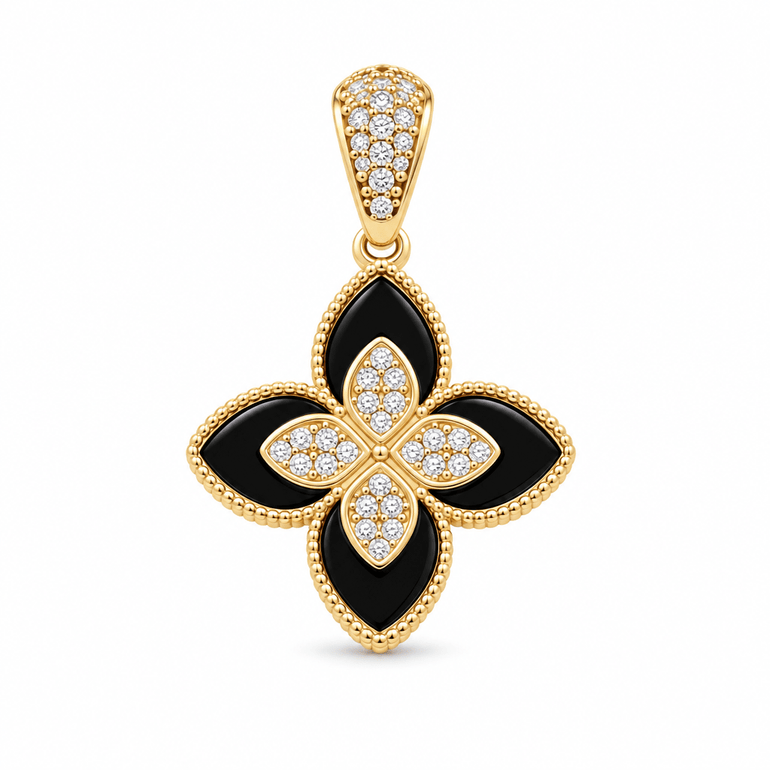 14K Yellow Gold Flower With Onyx Pendant - Miral Jewelry
