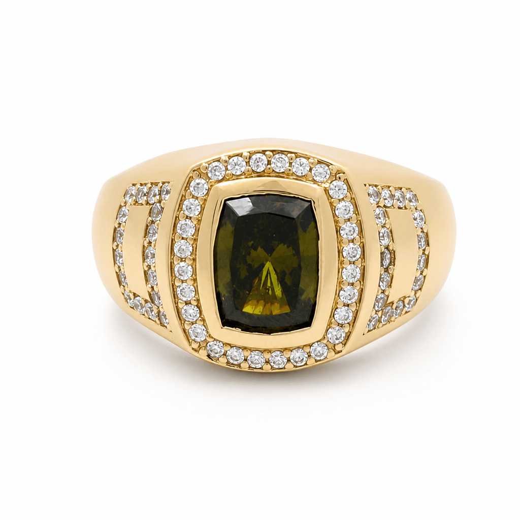 14k Yellow Gold Green Stone Contemporary Men's Ring - Miral Jewelry