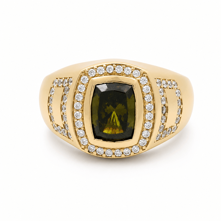 14k Yellow Gold Green Stone Contemporary Men's Ring - Miral Jewelry