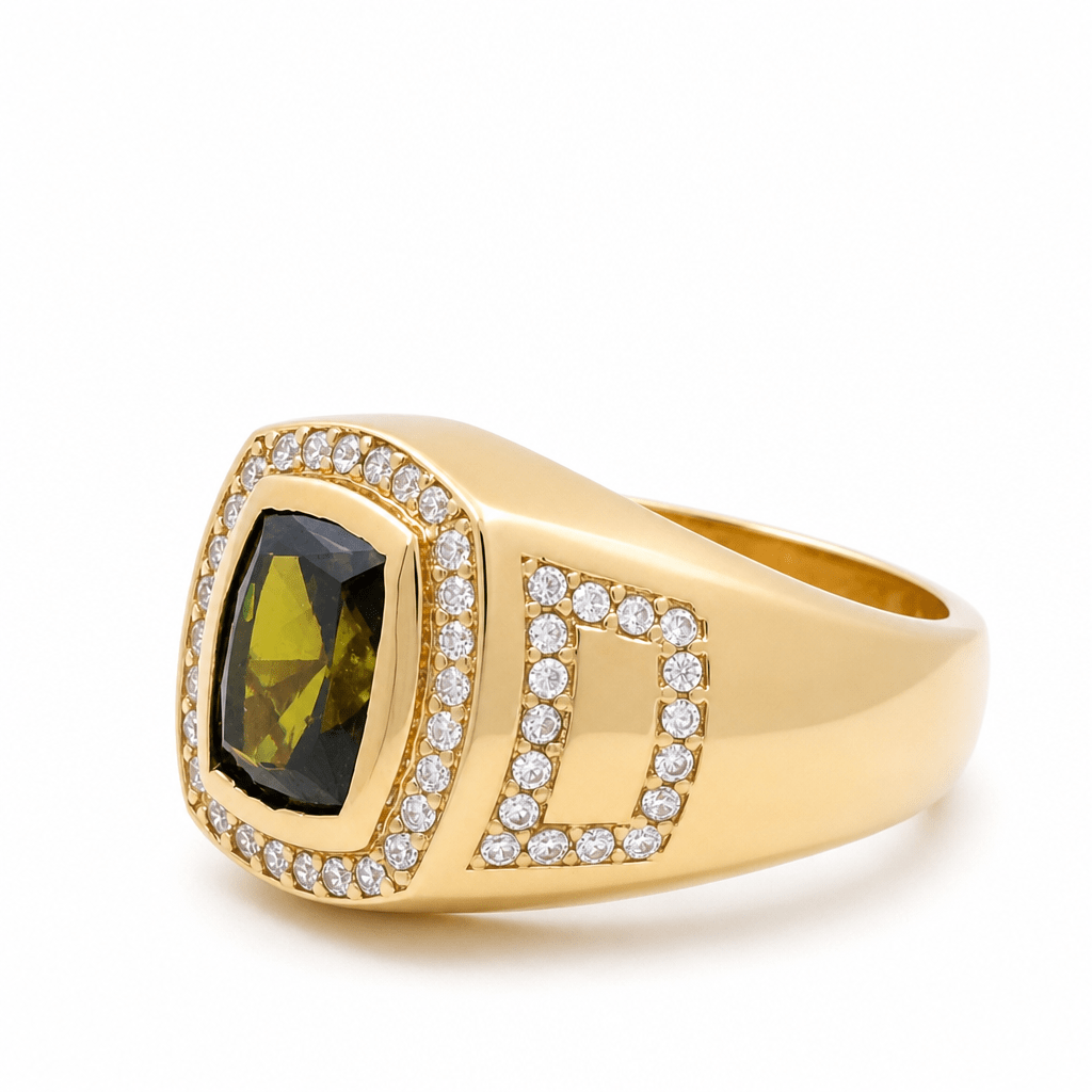 14k Yellow Gold Green Stone Contemporary Men's Ring - Miral Jewelry