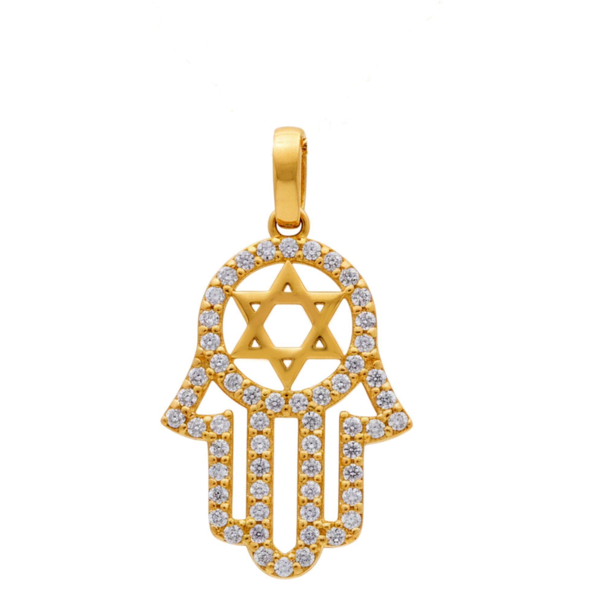 14K Yellow Gold Hamsa Hand with Cz Pendant - Miral Jewelry