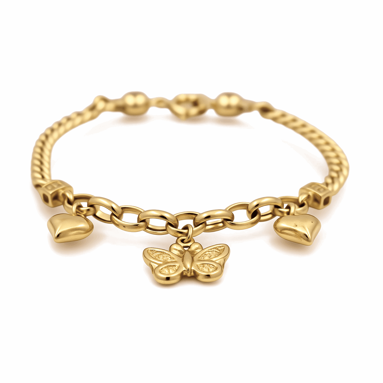 14K Yellow Gold Heart and Butterfly Women's Bracelet - Miral Jewelry
