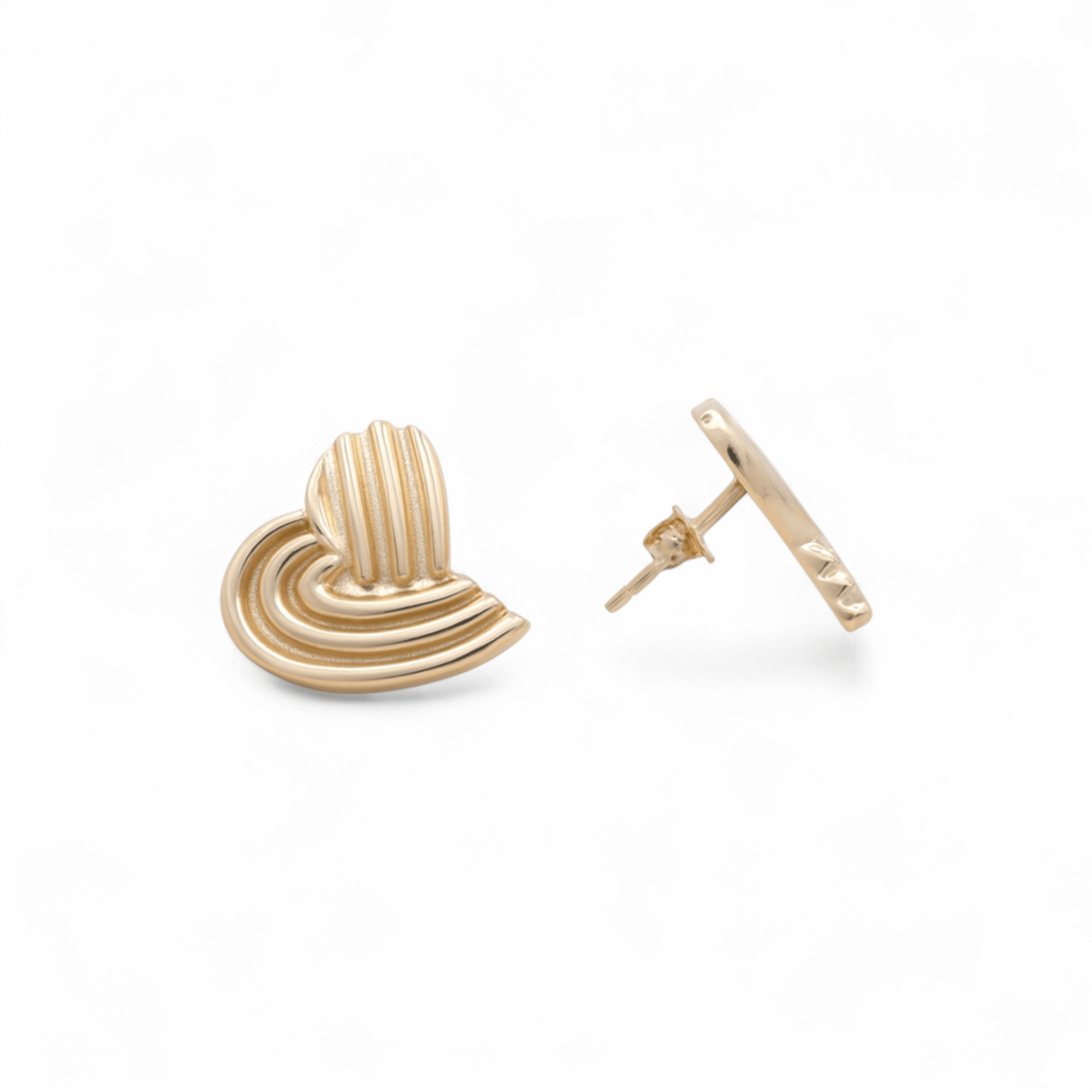 14K Yellow Gold Ribbed Heart Stud Earrings 2.8 g