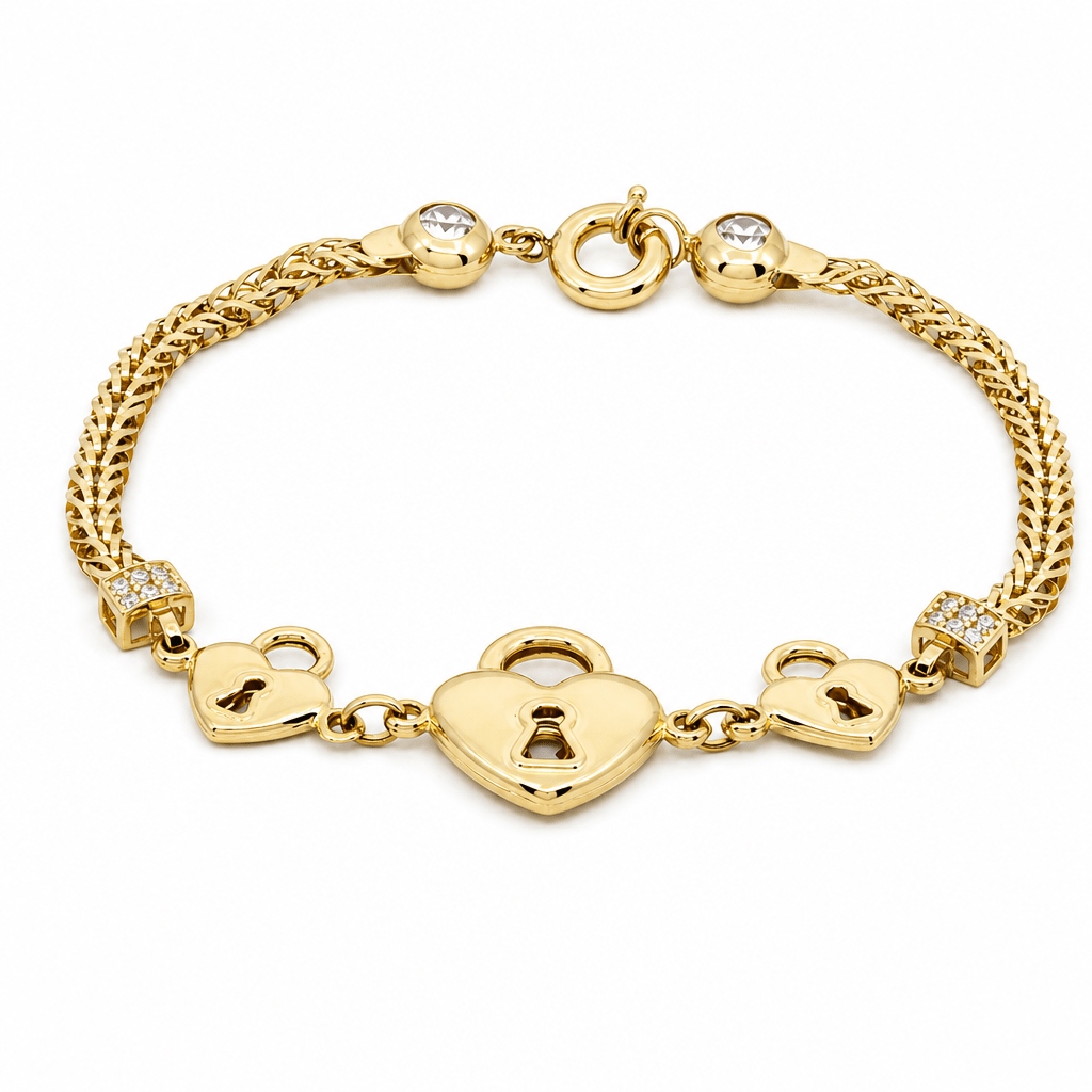 14K Yellow Gold Heart Padlock Bracelet with CZ 7.5in