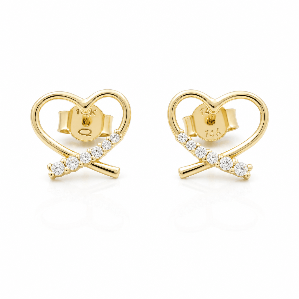 14K Yellow Gold Heart with Cz Earrings - Miral Jewelry