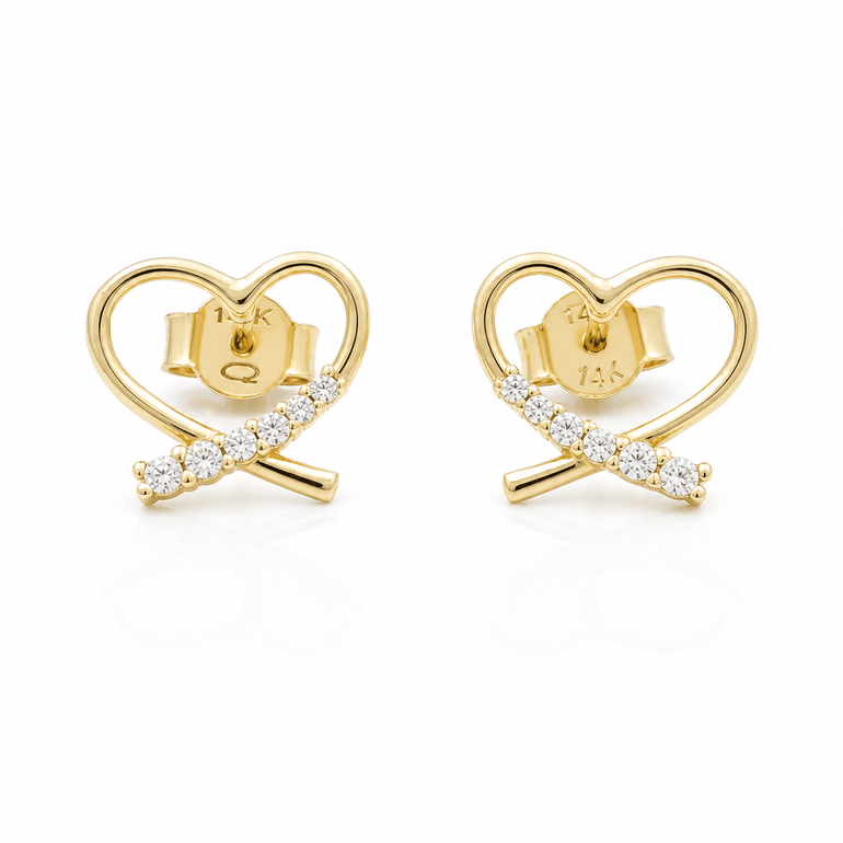 14K Yellow Gold Heart with Cz Earrings - Miral Jewelry