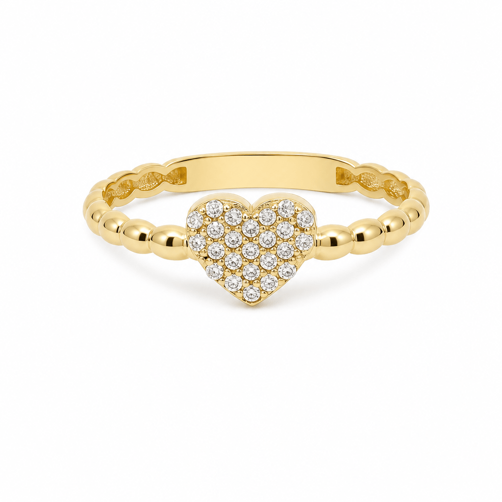 14K Yellow Gold Pavé Heart Ring with CZ Beaded Band