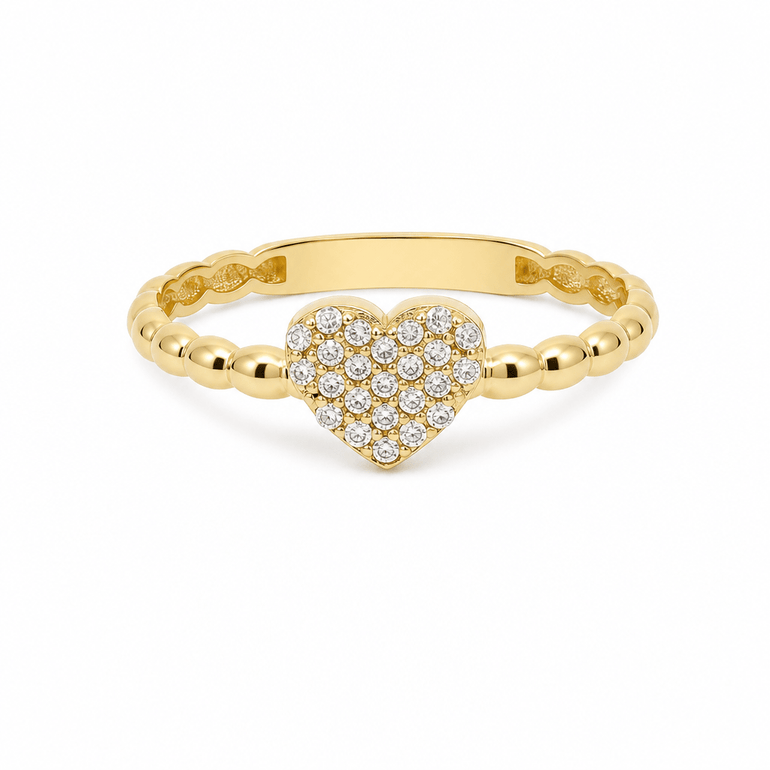 14K Yellow Gold Pavé Heart Ring with CZ Beaded Band