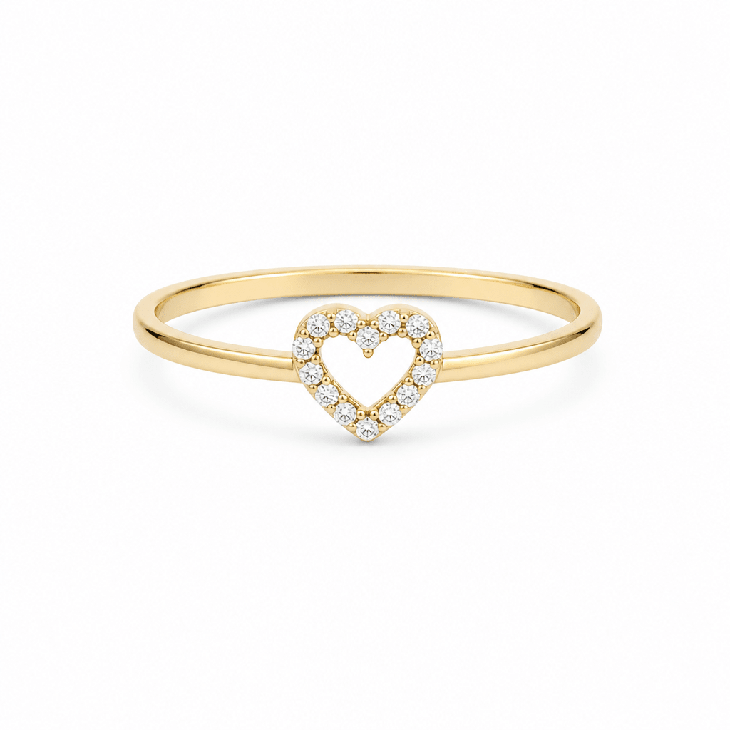 14K Yellow Gold Small Open Heart Ring with Pavé CZ