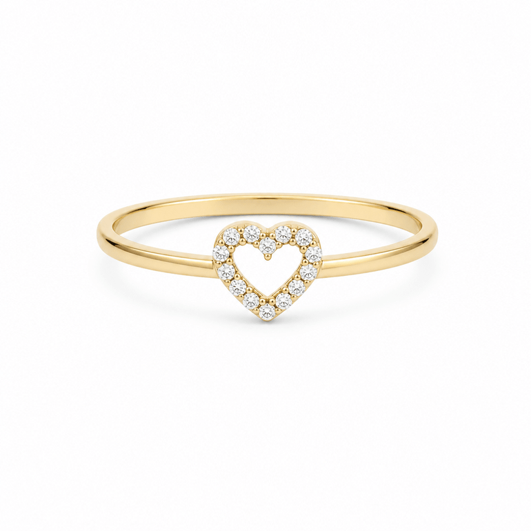 14K Yellow Gold Small Open Heart Ring with Pavé CZ