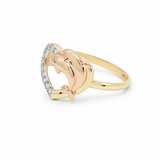 14K Tri-Tone Gold Heart & Dolphin Ring with CZ – view 2