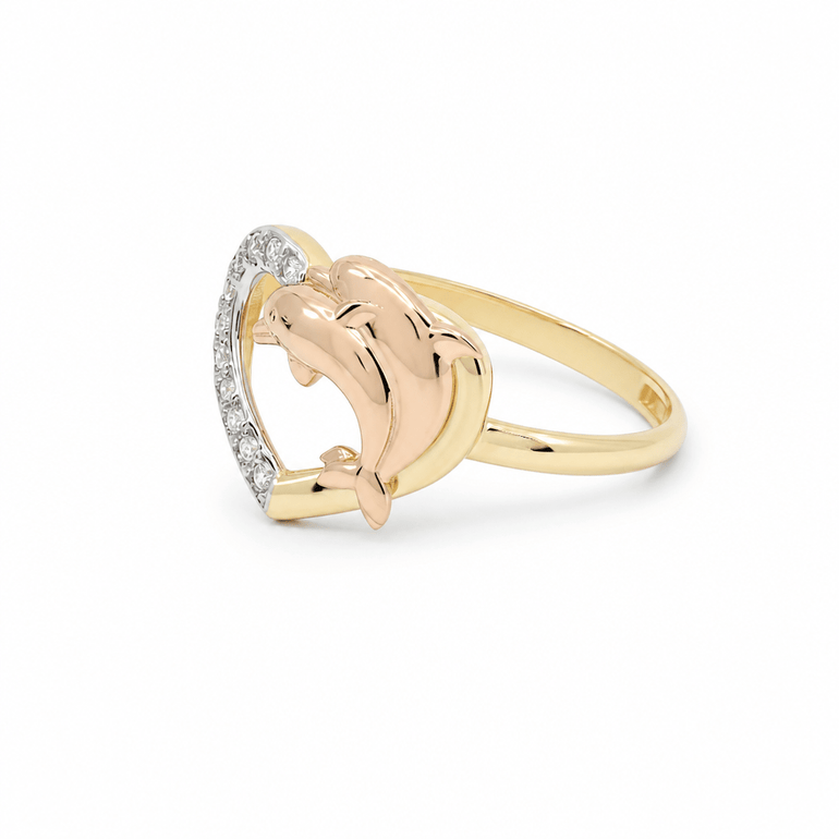 14K Tri-Tone Gold Heart & Dolphin Ring with CZ – view 2