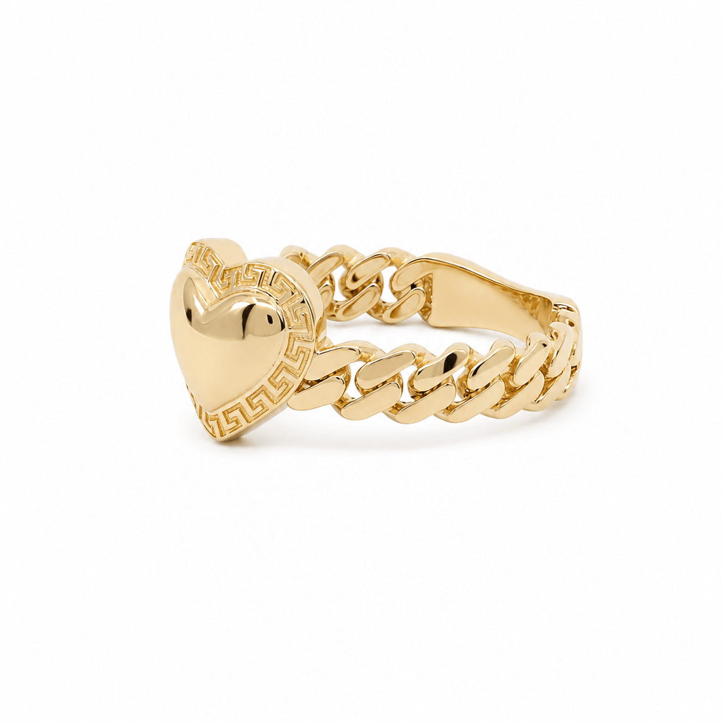 14K Yellow Gold Puffed Heart Ring with Cuban Link Band – view 2