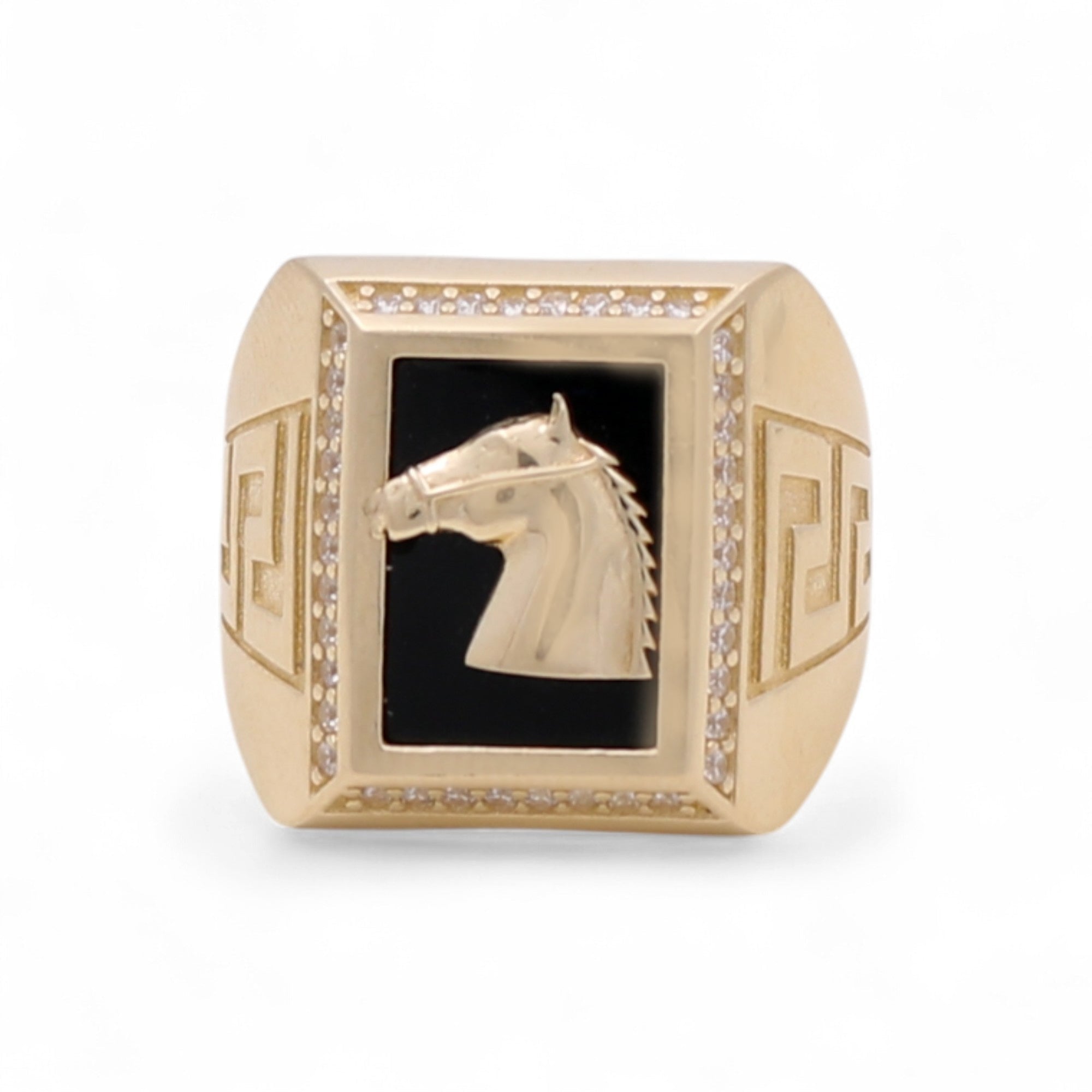 14K Yellow Gold Men's Horse Square Onyx Ring with CZ 11.9 g