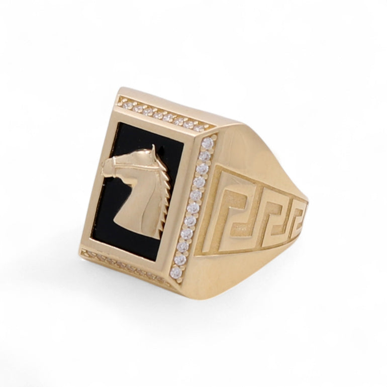 14k Yellow Gold Horse Square Onix Men's Fashion Ring - Miral Jewelry