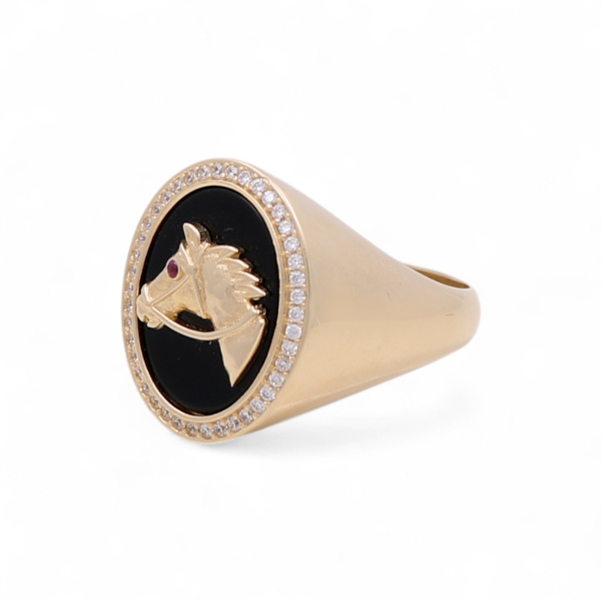 14k Yellow Gold Horse with Oval Onix Men's Fashion Ring - Miral Jewelry