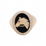 14k Yellow Gold Horse with Oval Onix Men's Fashion Ring - Miral Jewelry