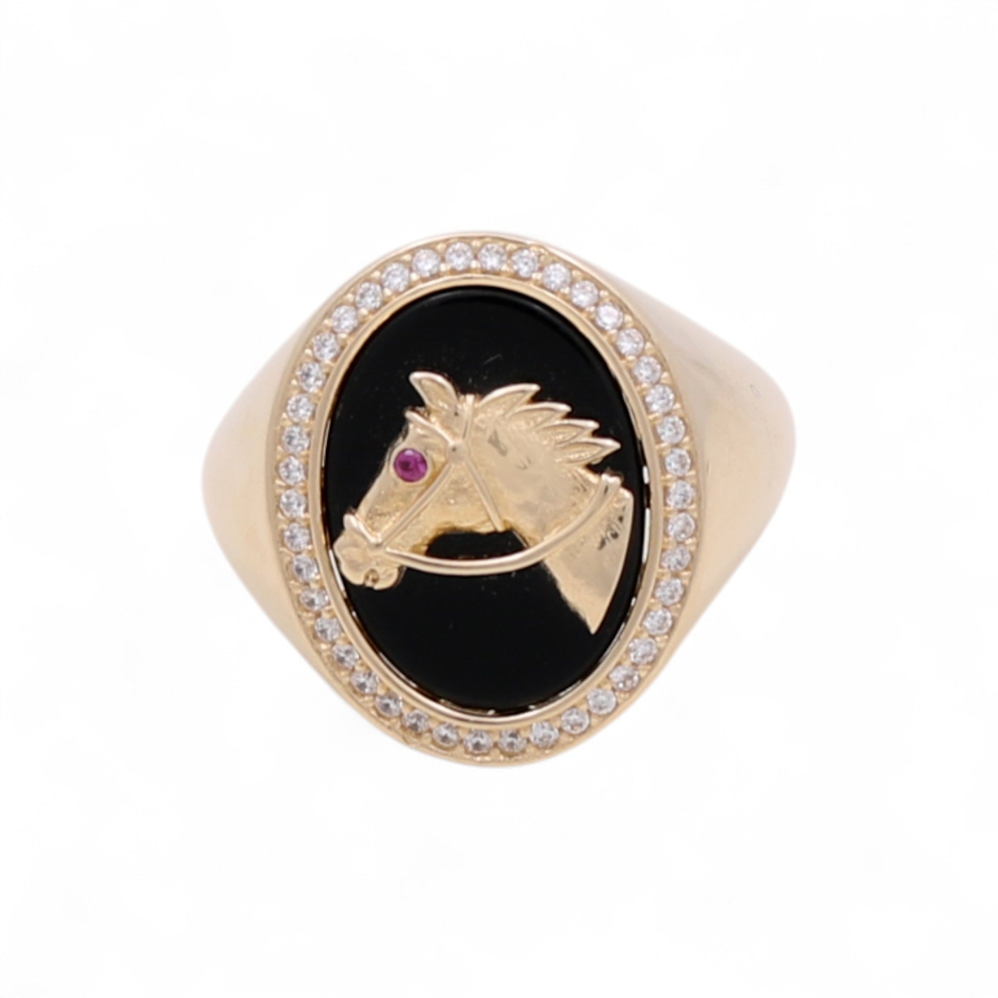 14K Yellow Gold Men's Horse Oval Onyx Ring with CZ 7.4 g