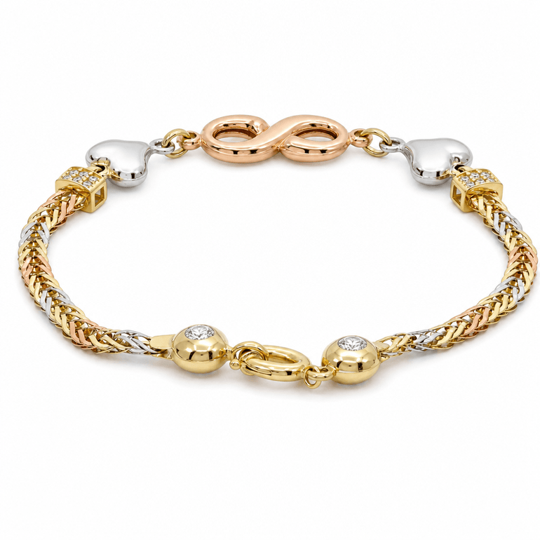 14K Yellow Gold Infinity Tri Color Bracelet – 7.5" - Miral Jewelry