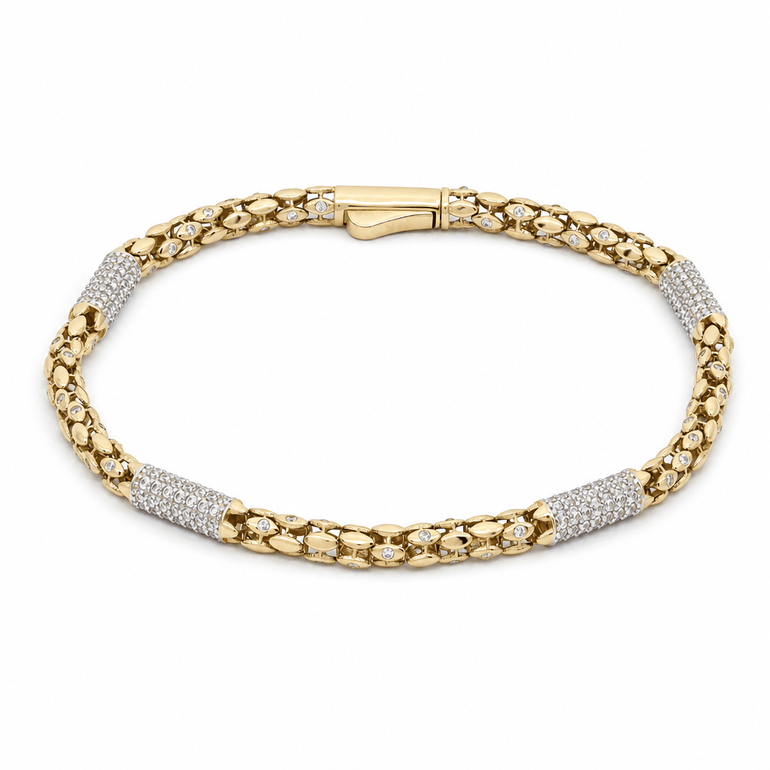 14K Yellow Gold Italian Link Bracelet with CZ Stations – 4mm, 8" - Miral Jewelry