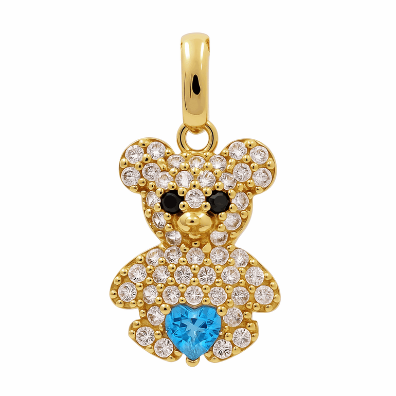 14K Yellow Gold Light Blue Bear Pendant with Cz - Miral Jewelry