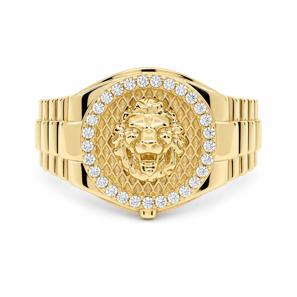 14K Yellow Gold Men's Lion Head Ring with CZ Halo