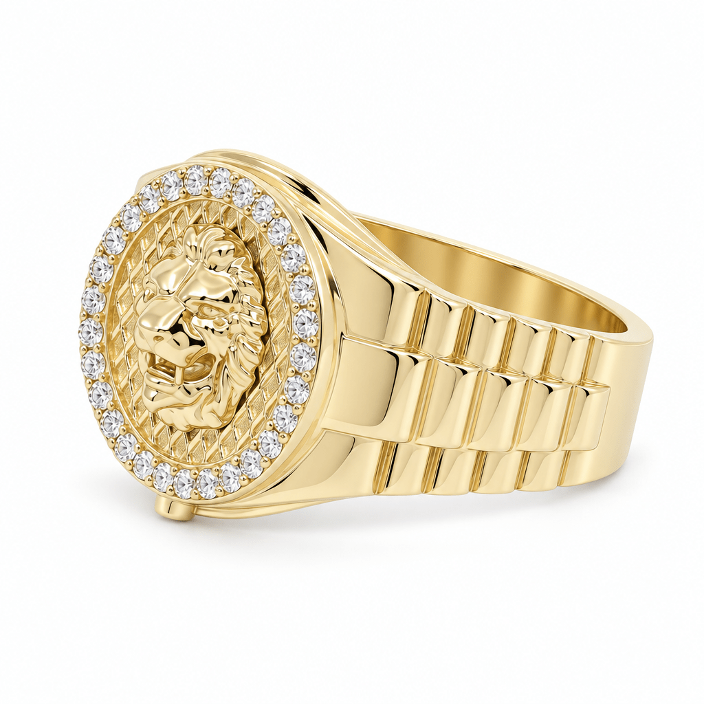 14K Yellow Gold Men's Lion Head Ring with CZ Halo – view 2